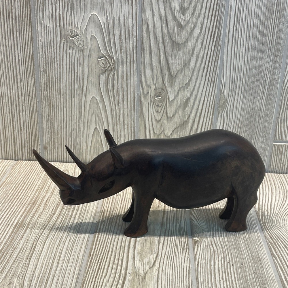 Vintage Hand Carved Dark Wood Rhinoceros Figurine 9 Inch Safari Animal Sculpture